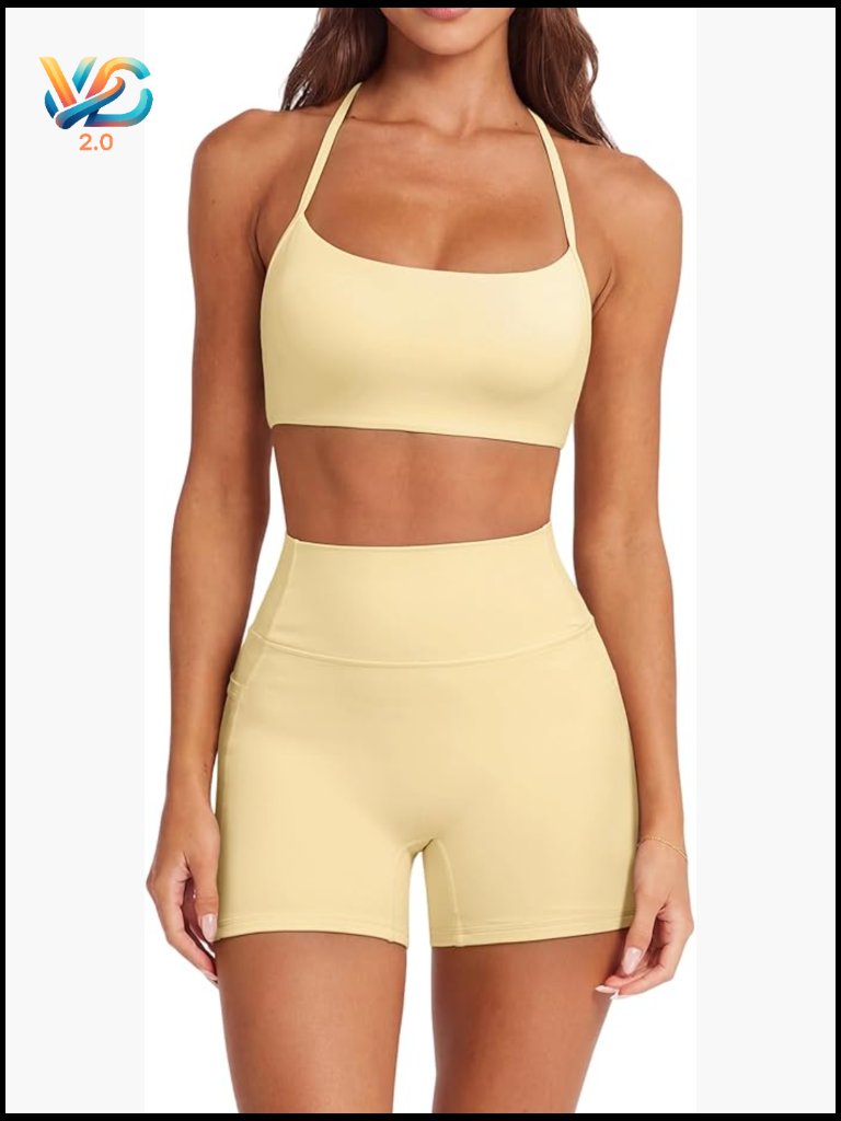 Two Piece Workout Set Padded Sports Bra High Waisted Biker Shorts With Pockets